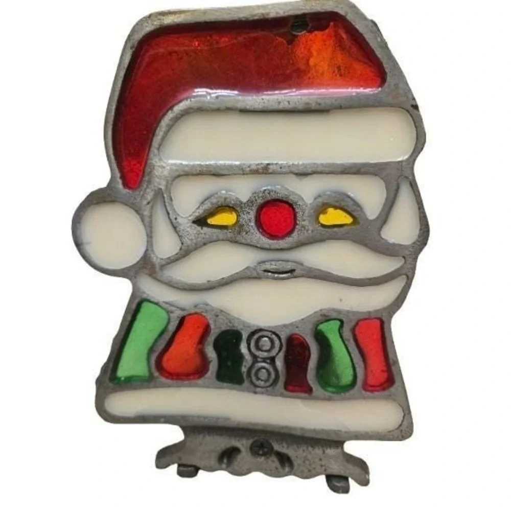 Stained‎ Glass Vintage Cast Iron Santa Claus Votive Candle Holder Christmas